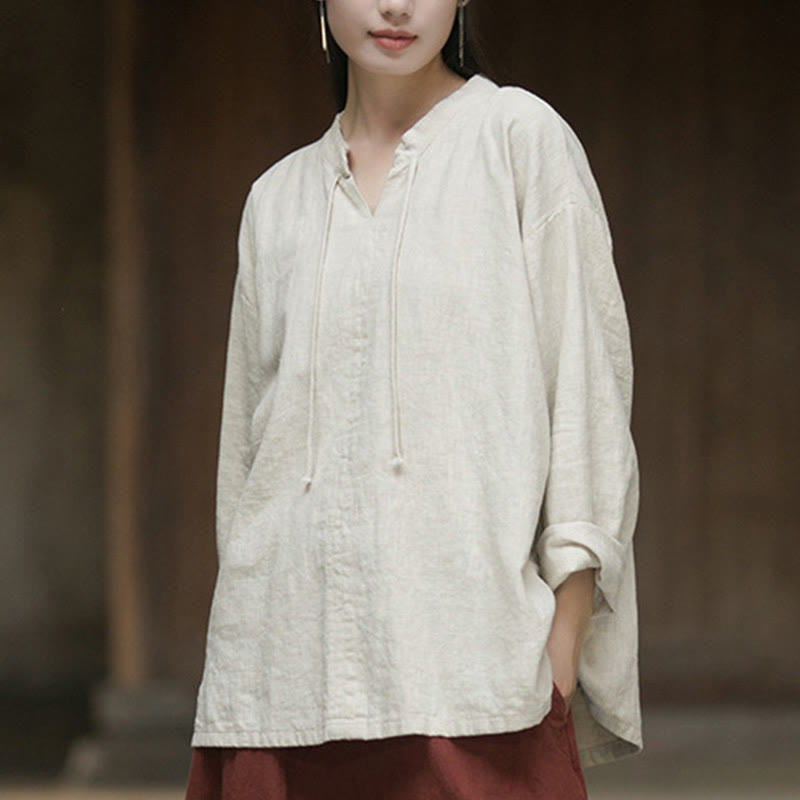 Chemise à manches longues en lin ramie pour femme Buddha Stones rétro de couleur unie