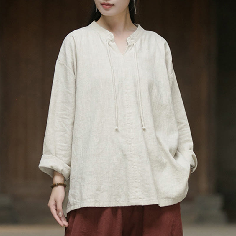Chemise à manches longues en lin ramie pour femme Buddha Stones rétro de couleur unie
