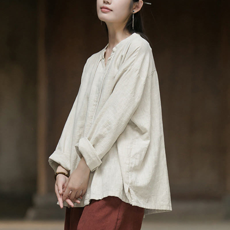 Chemise à manches longues en lin ramie pour femme Buddha Stones rétro de couleur unie