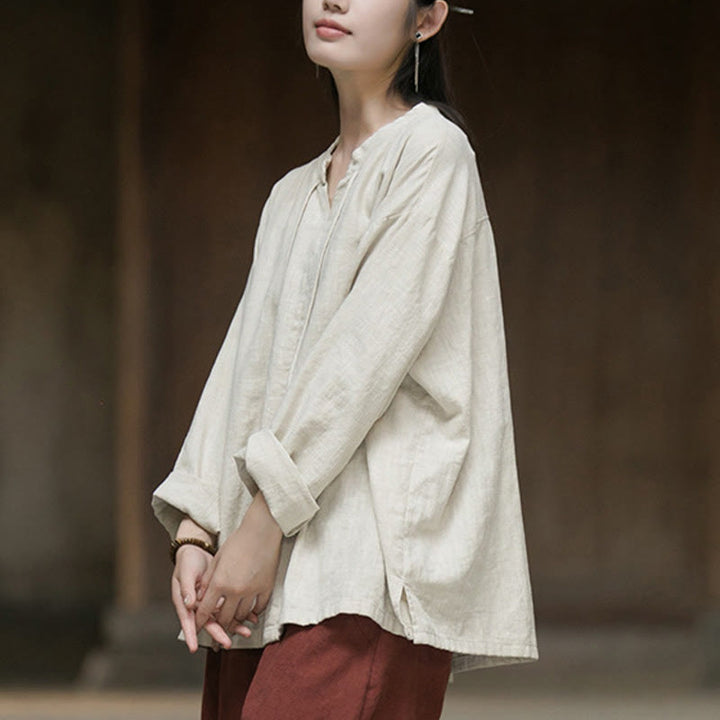 Chemise à manches longues en lin ramie pour femme Buddha Stones rétro de couleur unie