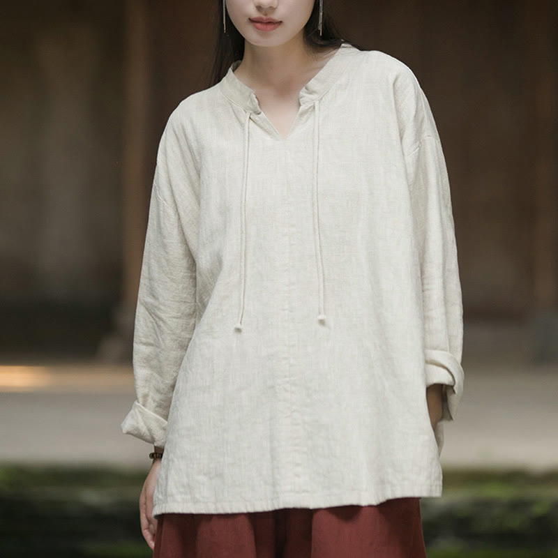Chemise à manches longues en lin ramie pour femme Buddha Stones rétro de couleur unie