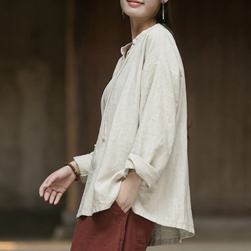 Chemise à manches longues en lin ramie pour femme Buddha Stones rétro de couleur unie