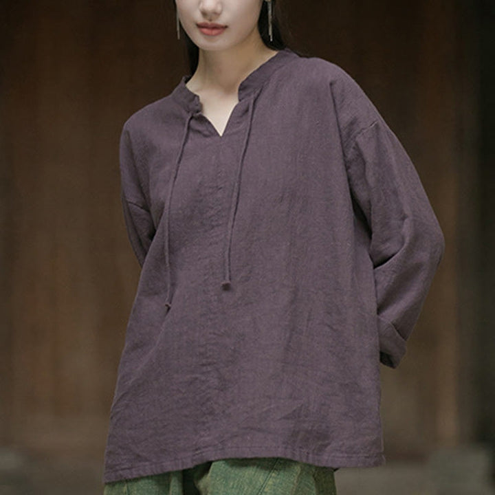 Chemise à manches longues en lin ramie pour femme Buddha Stones rétro de couleur unie