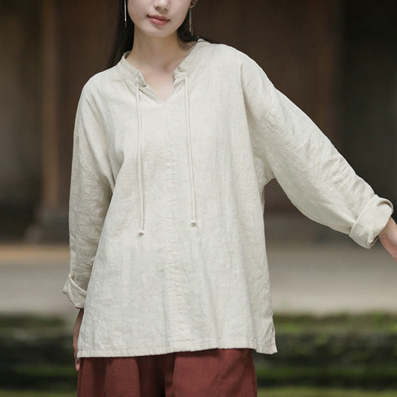 Chemise à manches longues en lin ramie pour femme Buddha Stones rétro de couleur unie