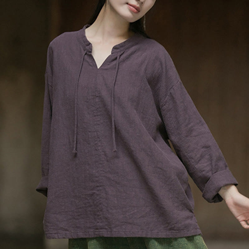 Chemise à manches longues en lin ramie pour femme Buddha Stones rétro de couleur unie