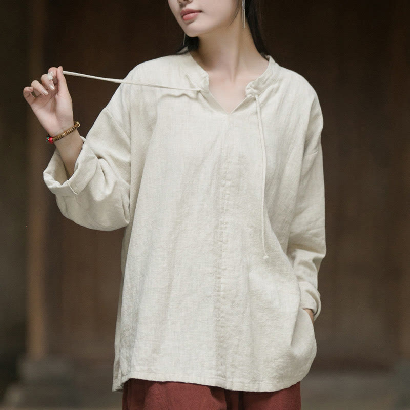 Chemise à manches longues en lin ramie pour femme Buddha Stones rétro de couleur unie - Beige - US4-12，UK/AU8-16，EU36-44 (F) - image 0