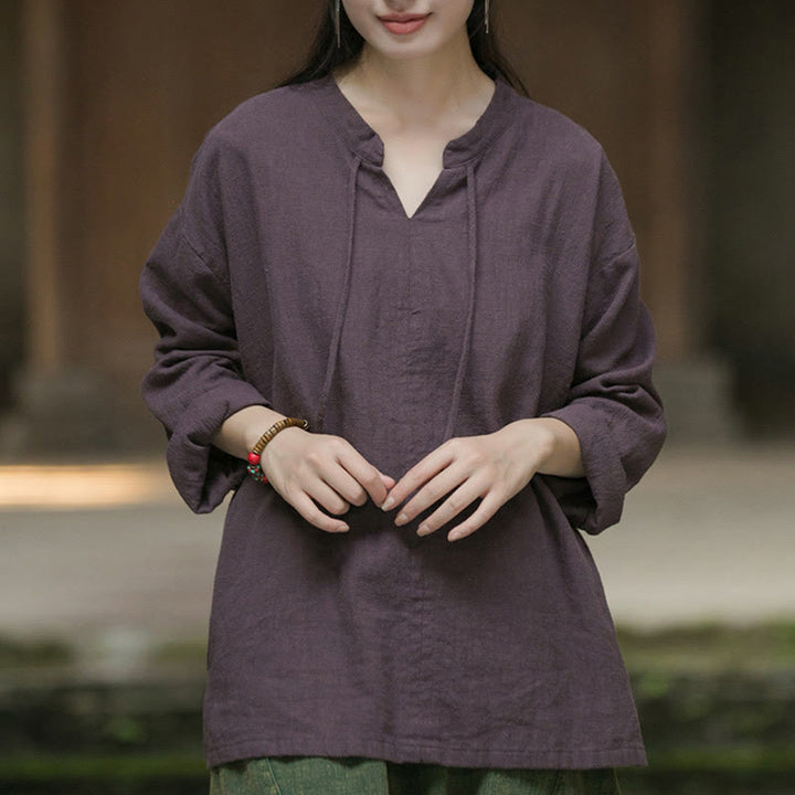 Chemise à manches longues en lin ramie pour femme Buddha Stones rétro de couleur unie