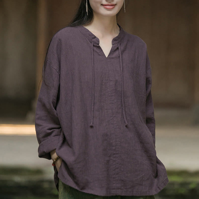 Chemise à manches longues en lin ramie pour femme Buddha Stones rétro de couleur unie