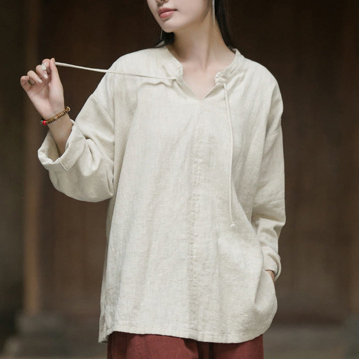 Chemise à manches longues en lin ramie pour femme Buddha Stones rétro de couleur unie