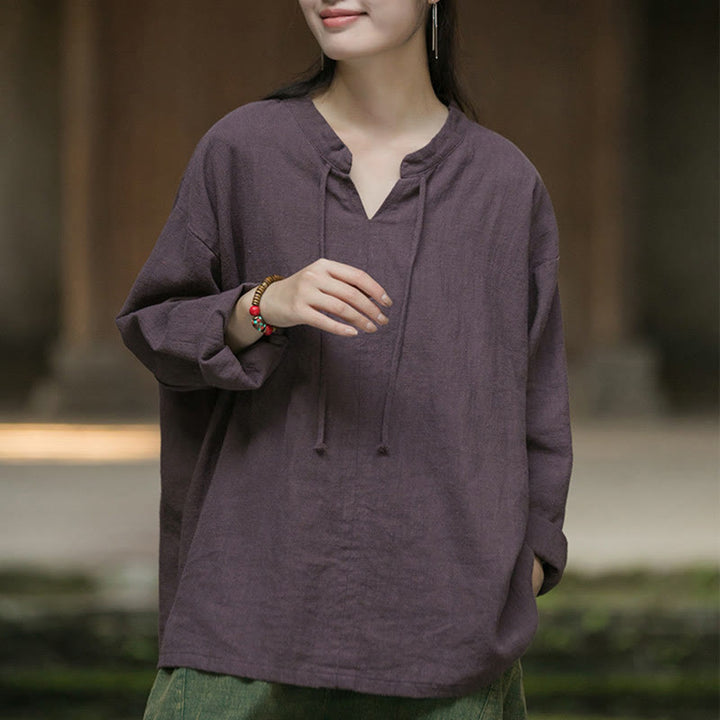 Chemise à manches longues en lin ramie pour femme Buddha Stones rétro de couleur unie