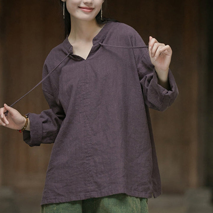 Chemise à manches longues en lin ramie pour femme Buddha Stones rétro de couleur unie