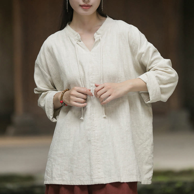 Chemise à manches longues en lin ramie pour femme Buddha Stones rétro de couleur unie