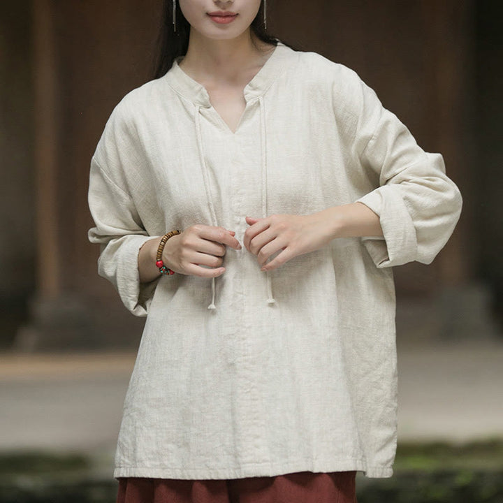 Chemise à manches longues en lin ramie pour femme Buddha Stones rétro de couleur unie
