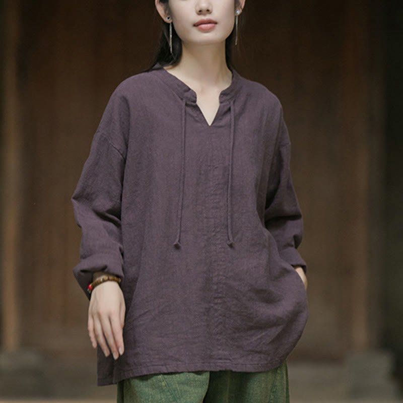 Chemise à manches longues en lin ramie pour femme Buddha Stones rétro de couleur unie