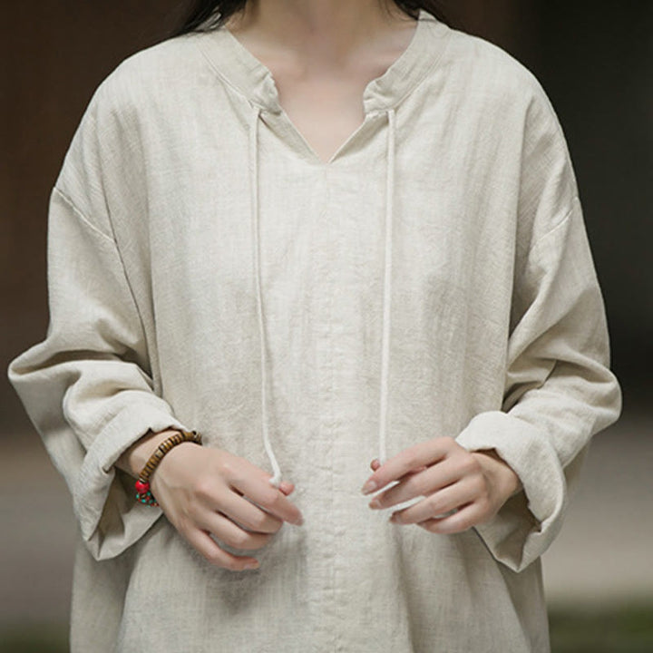 Chemise à manches longues en lin ramie pour femme Buddha Stones rétro de couleur unie
