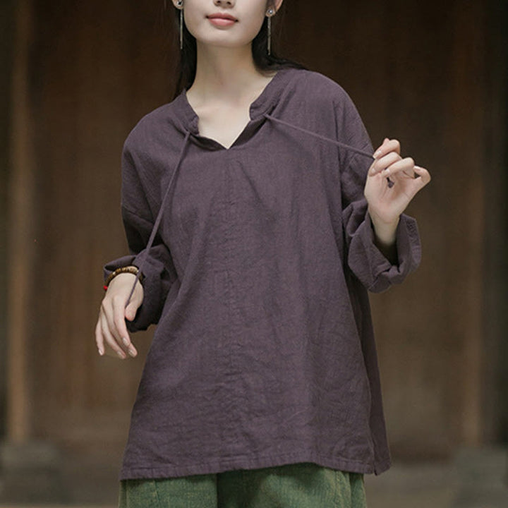 Chemise à manches longues en lin ramie pour femme Buddha Stones rétro de couleur unie