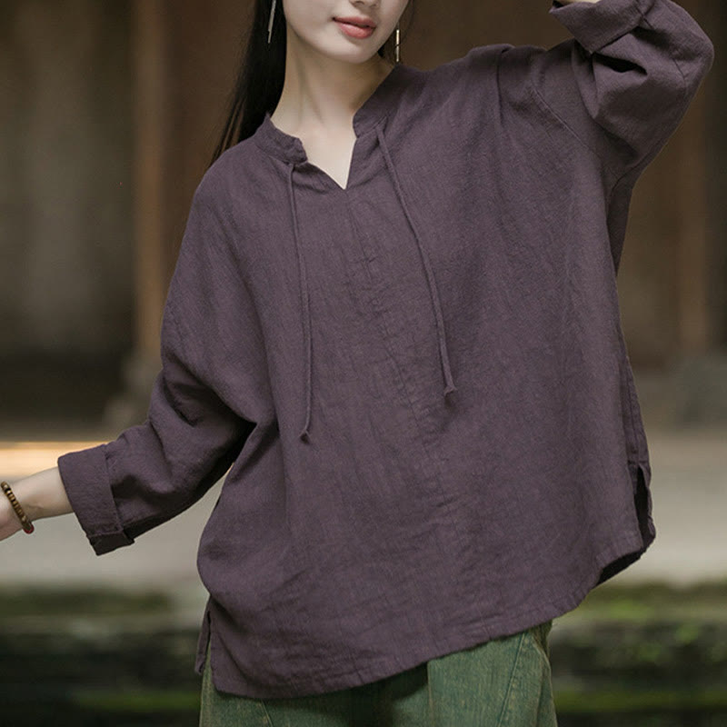 Chemise à manches longues en lin ramie pour femme Buddha Stones rétro de couleur unie