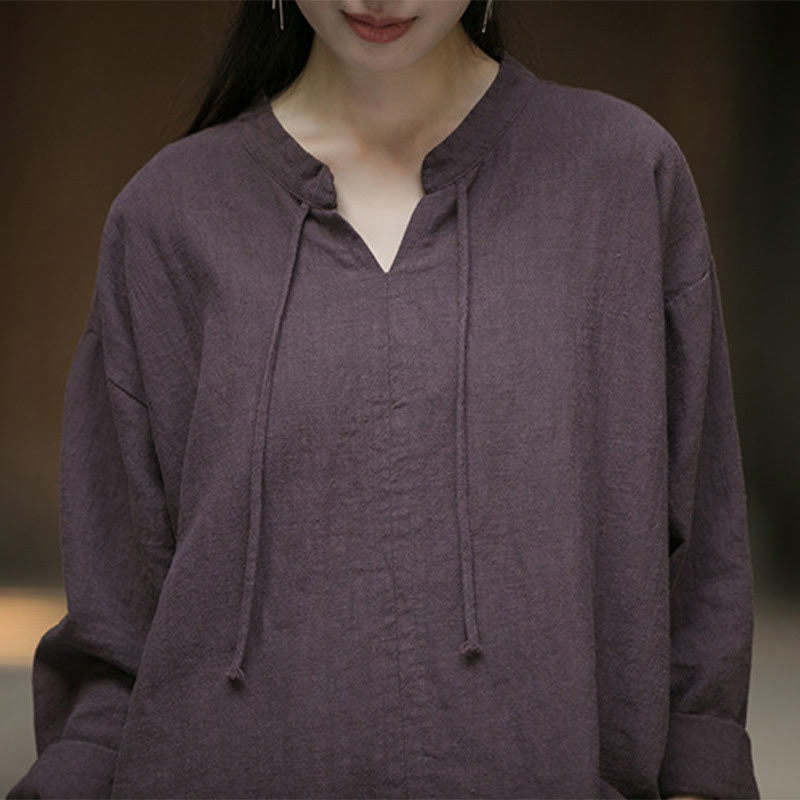 Chemise à manches longues en lin ramie pour femme Buddha Stones rétro de couleur unie