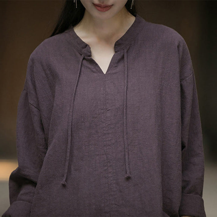 Chemise à manches longues en lin ramie pour femme Buddha Stones rétro de couleur unie