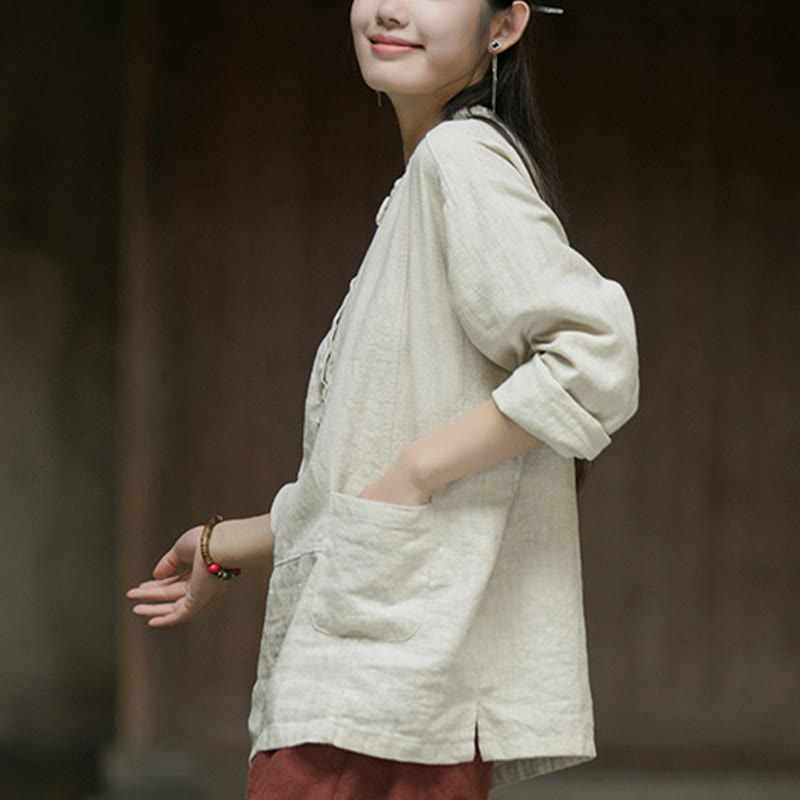 Chemise à manches longues et demi-bouton en lin ramie de couleur unie Buddha Stones pour femme