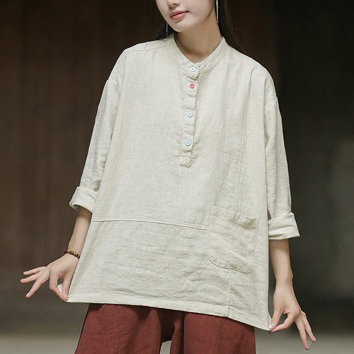 Chemise à manches longues et demi-bouton en lin ramie de couleur unie Buddha Stones pour femme