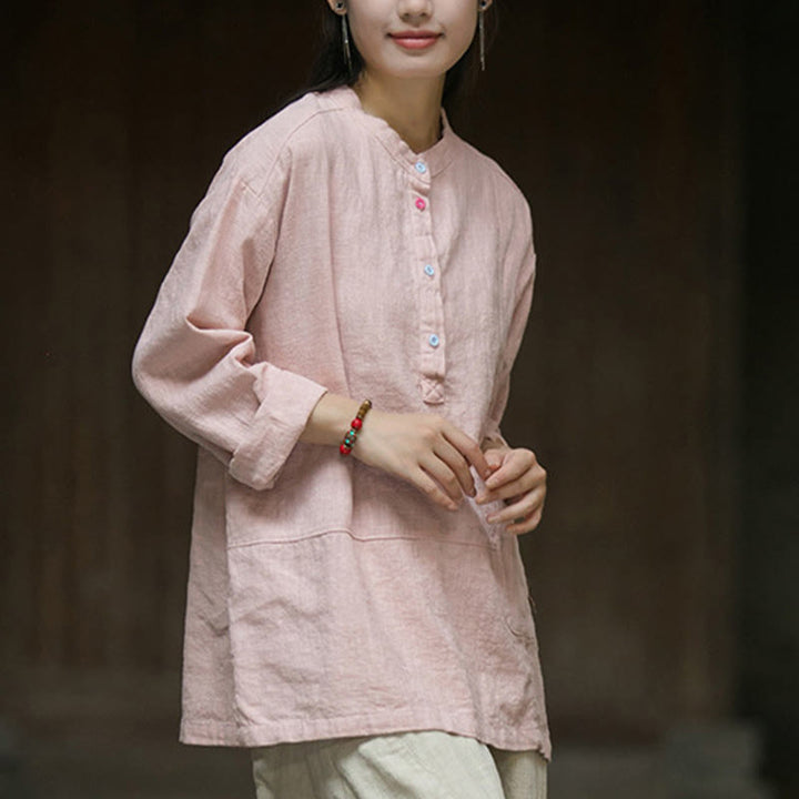 Chemise à manches longues et demi-bouton en lin ramie de couleur unie Buddha Stones pour femme