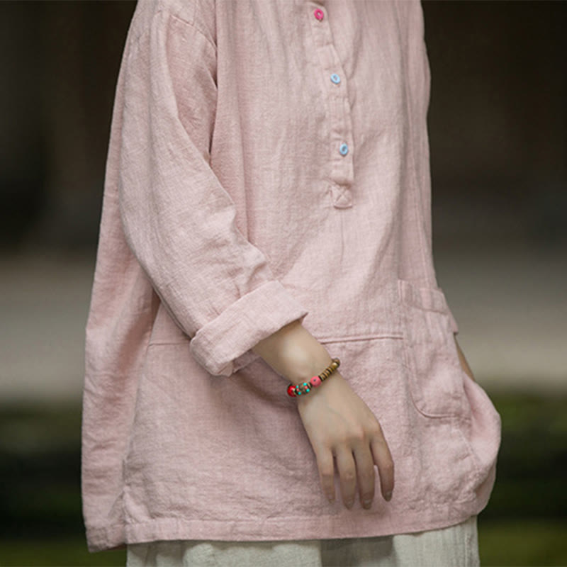 Chemise à manches longues et demi-bouton en lin ramie de couleur unie Buddha Stones pour femme