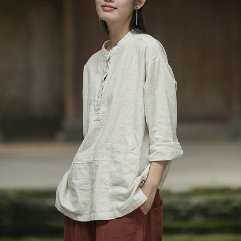 Chemise à manches longues et demi-bouton en lin ramie de couleur unie Buddha Stones pour femme