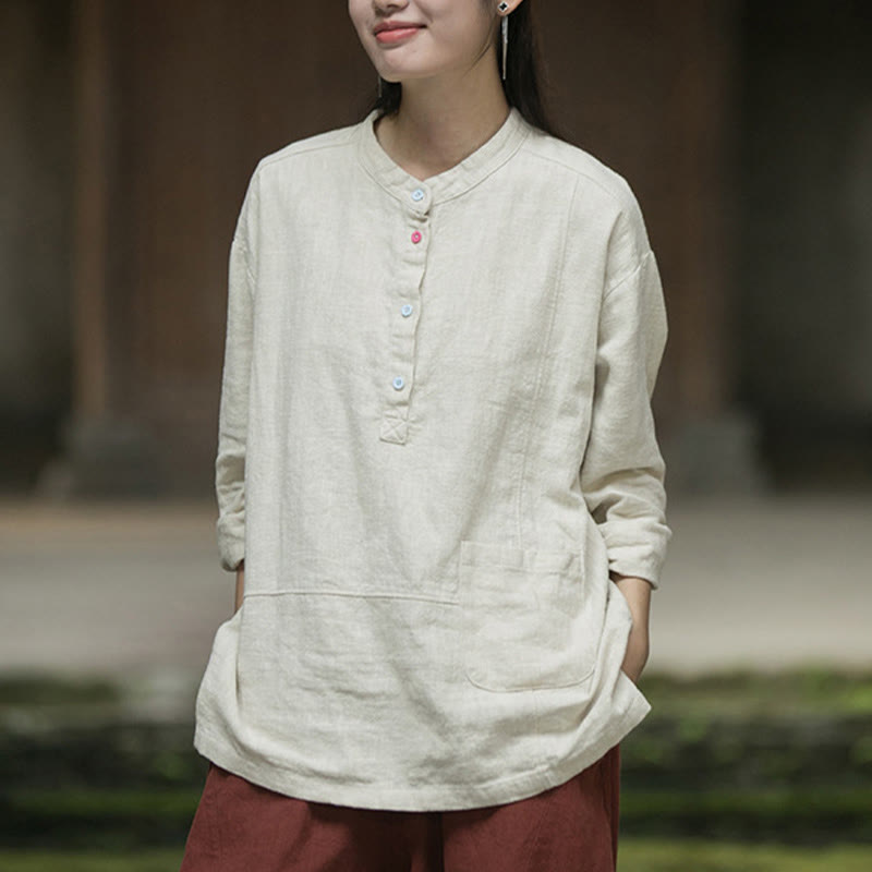 Chemise à manches longues et demi-bouton en lin ramie de couleur unie Buddha Stones pour femme