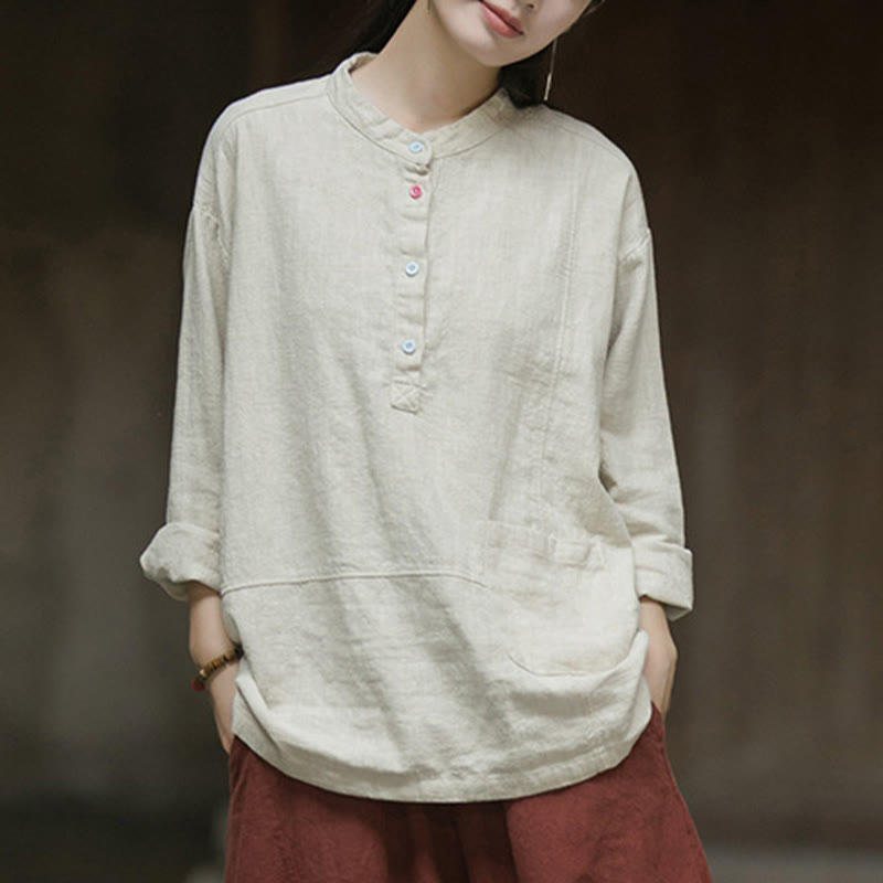 Chemise à manches longues et demi-bouton en lin ramie de couleur unie Buddha Stones pour femme