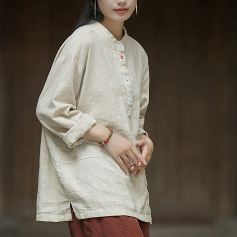 Chemise à manches longues et demi-bouton en lin ramie de couleur unie Buddha Stones pour femme