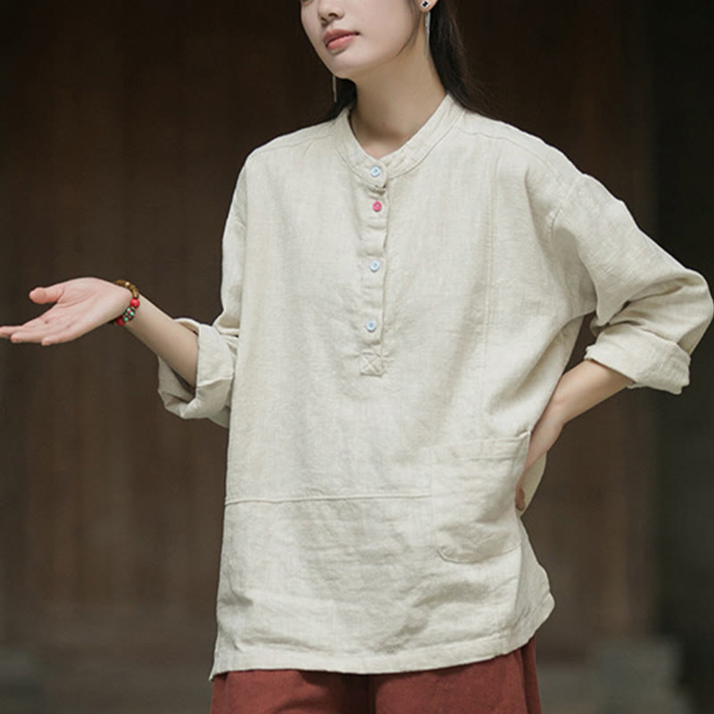 Chemise à manches longues et demi-bouton en lin ramie de couleur unie Buddha Stones pour femme