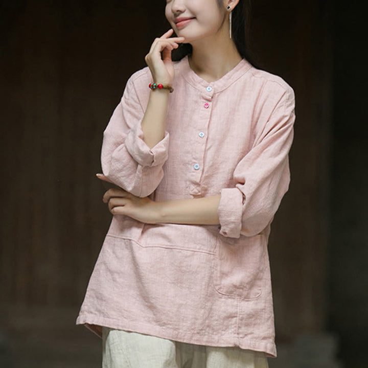Chemise à manches longues et demi-bouton en lin ramie de couleur unie Buddha Stones pour femme