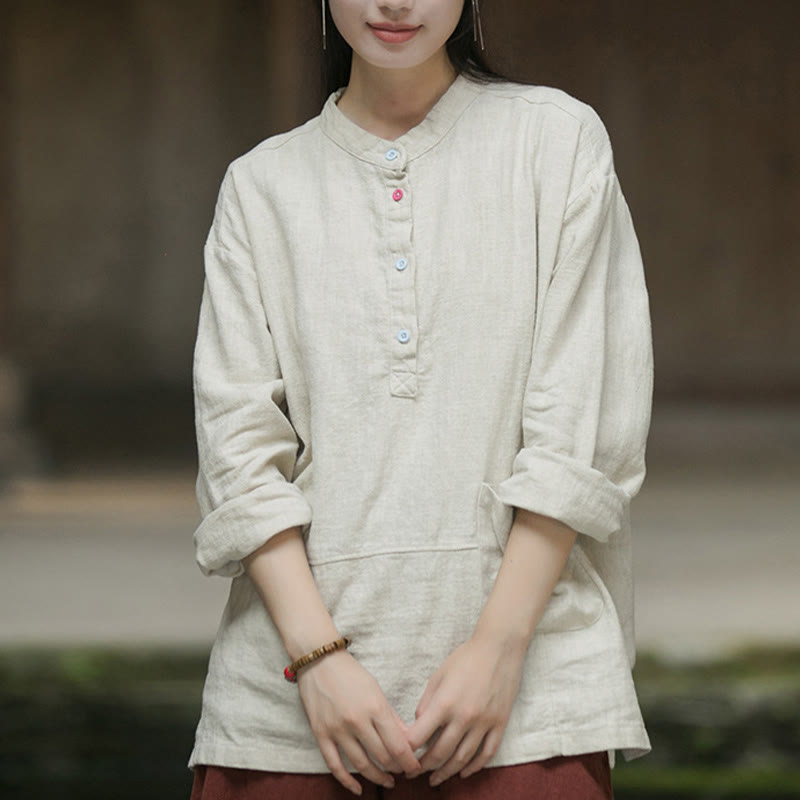 Chemise à manches longues et demi-bouton en lin ramie de couleur unie Buddha Stones pour femme