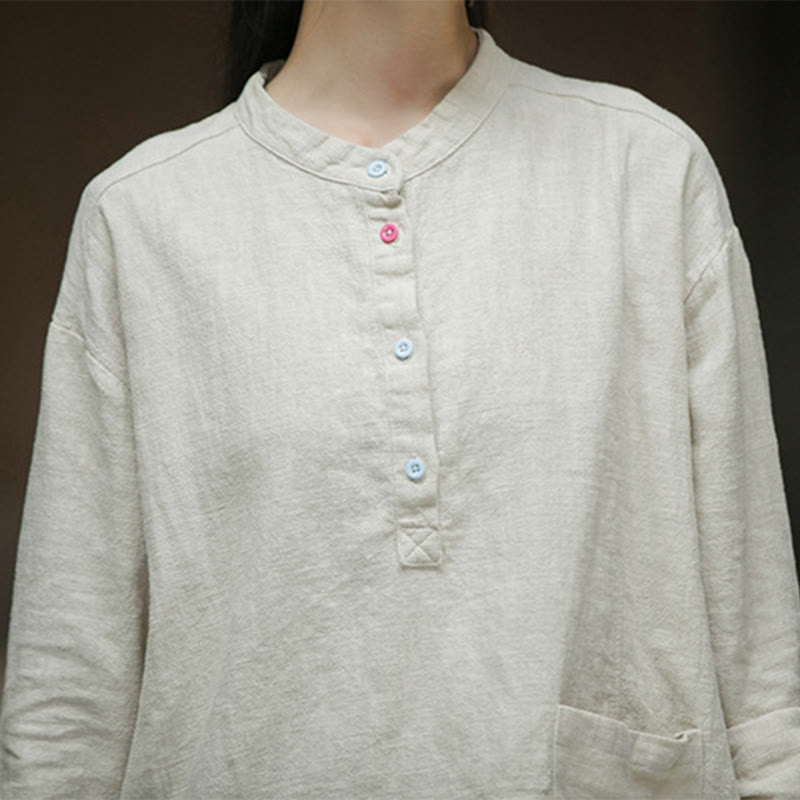 Chemise à manches longues et demi-bouton en lin ramie de couleur unie Buddha Stones pour femme