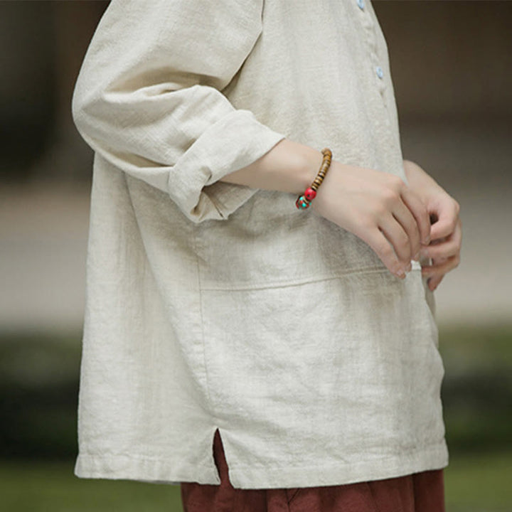 Chemise à manches longues et demi-bouton en lin ramie de couleur unie Buddha Stones pour femme