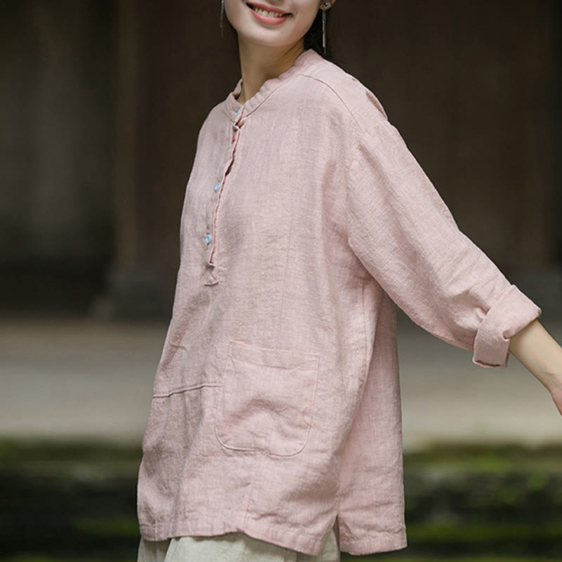 Chemise à manches longues et demi-bouton en lin ramie de couleur unie Buddha Stones pour femme