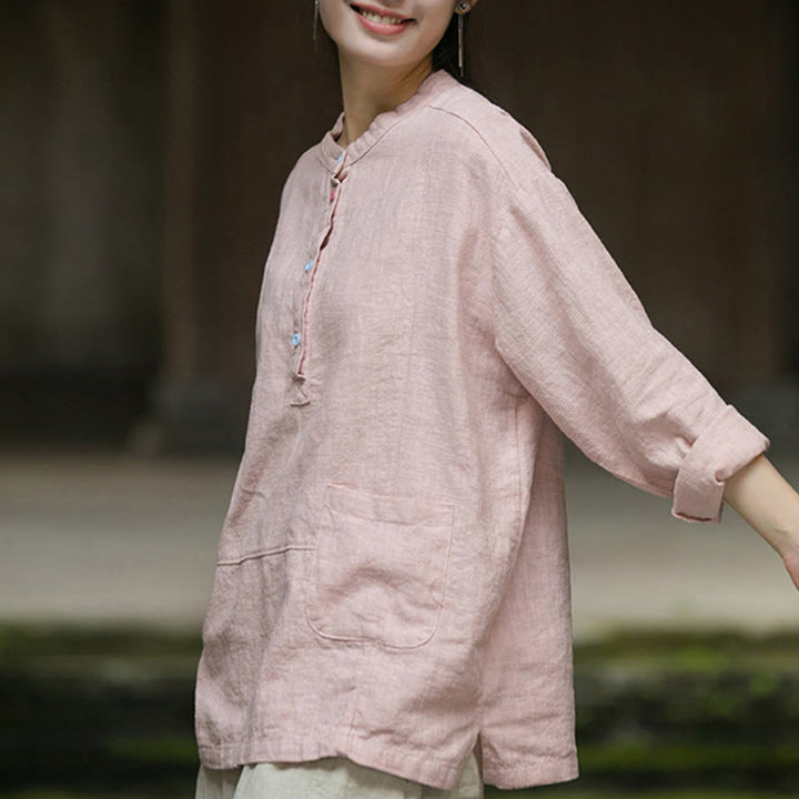 Chemise à manches longues et demi-bouton en lin ramie de couleur unie Buddha Stones pour femme