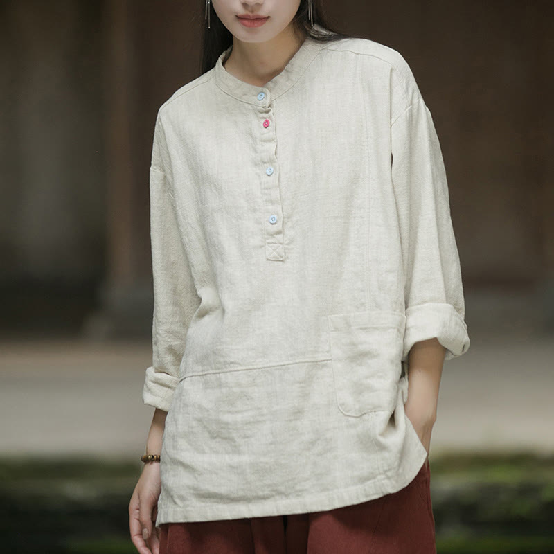 Chemise à manches longues et demi-bouton en lin ramie de couleur unie Buddha Stones pour femme