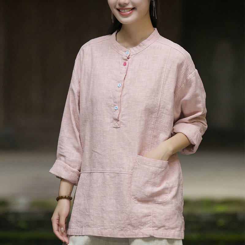 Chemise à manches longues et demi-bouton en lin ramie de couleur unie Buddha Stones pour femme