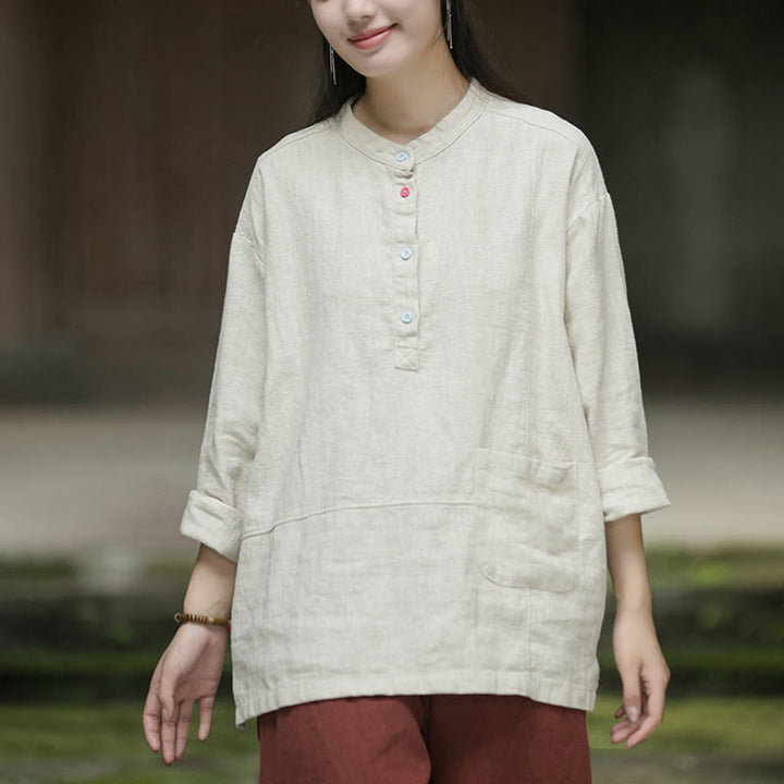 Chemise à manches longues et demi-bouton en lin ramie de couleur unie Buddha Stones pour femme