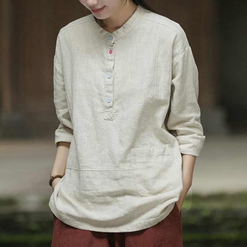 Chemise à manches longues et demi-bouton en lin ramie de couleur unie Buddha Stones pour femme