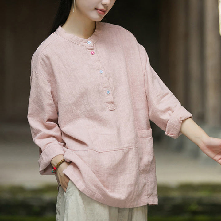 Chemise à manches longues et demi-bouton en lin ramie de couleur unie Buddha Stones pour femme