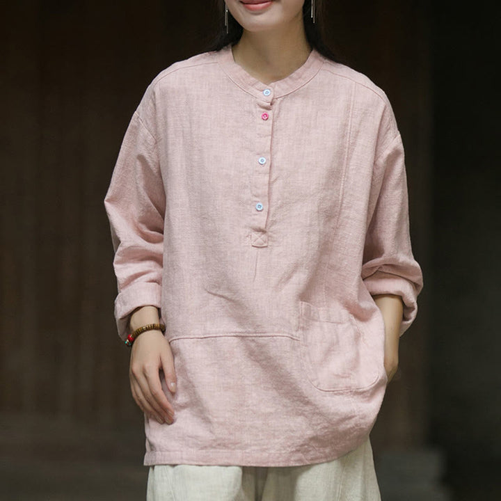 Chemise à manches longues et demi-bouton en lin ramie de couleur unie Buddha Stones pour femme