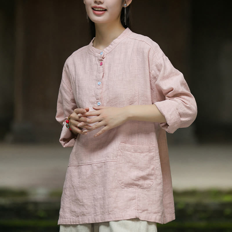 Chemise à manches longues et demi-bouton en lin ramie de couleur unie Buddha Stones pour femme