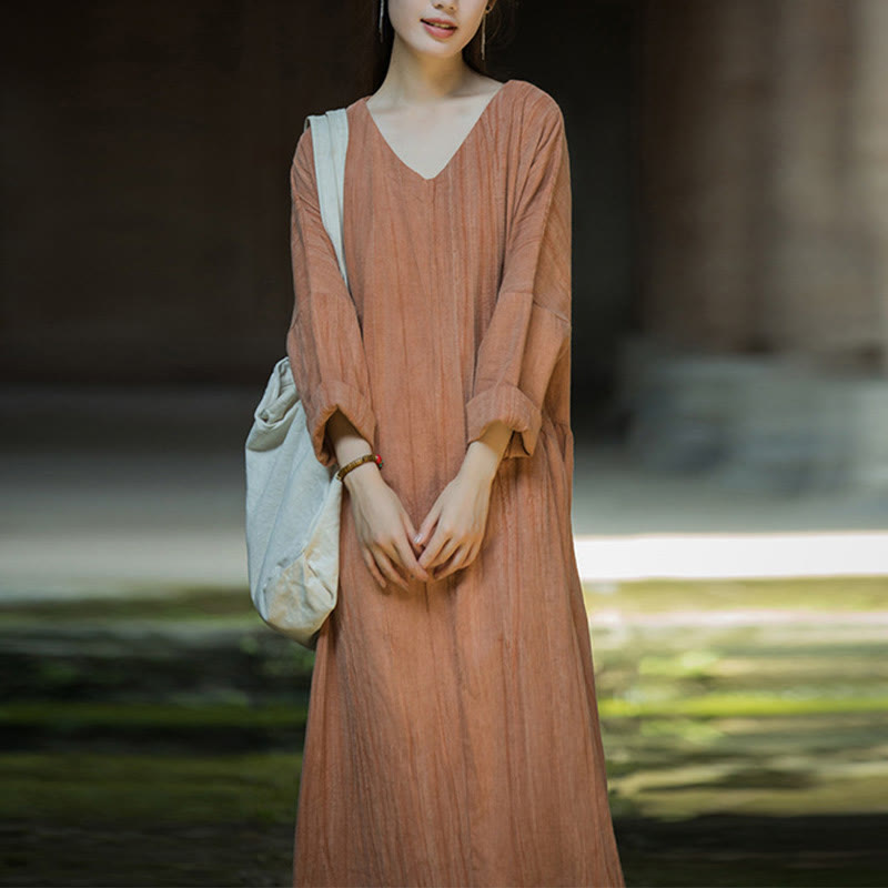 Robe mi-longue en lin ramie à manches longues et col en V de couleur unie avec Buddha Stones - Orange - US4-8/10，UK/AU8-12/14，EU36-40/42 (F) - image 23