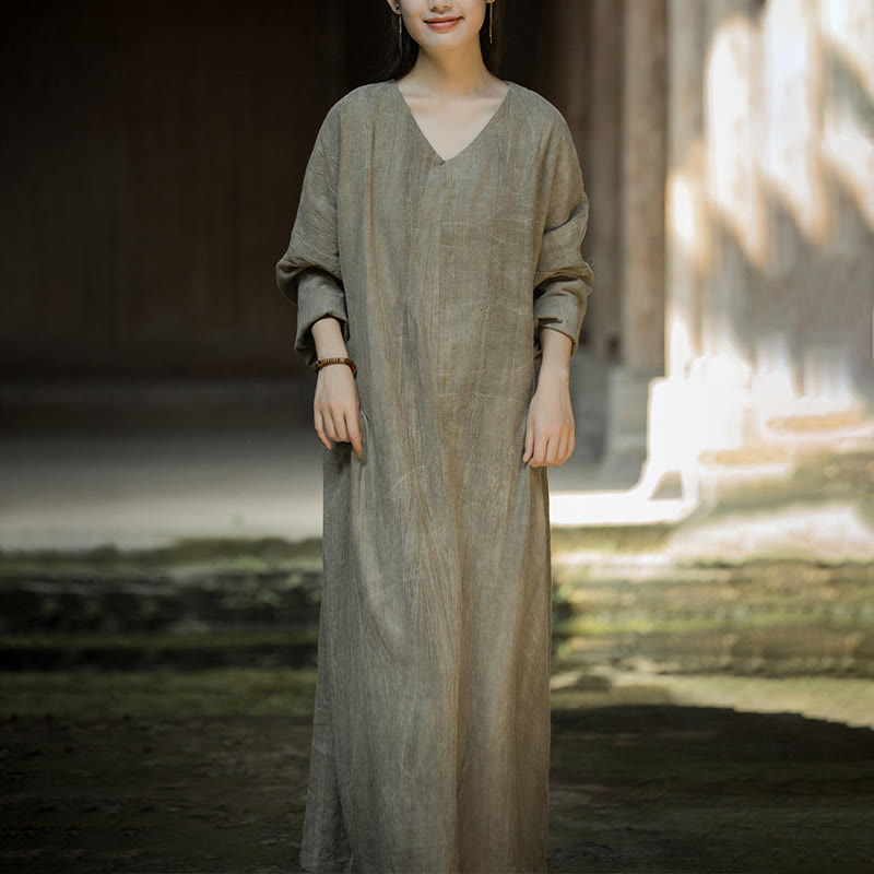 Robe mi-longue en lin ramie à manches longues et col en V de couleur unie avec Buddha Stones - Kaki foncé - US4-8/10，UK/AU8-12/14，EU36-40/42 (F) - image 13