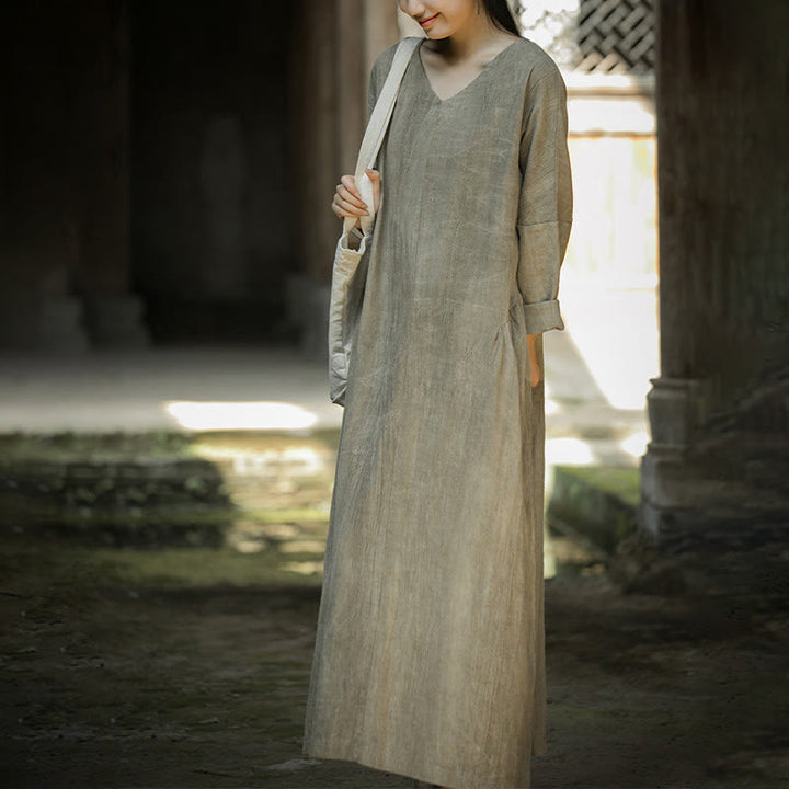 Robe mi-longue en lin ramie à manches longues et col en V de couleur unie avec Buddha Stones