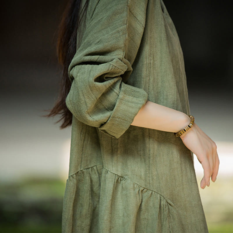 Robe mi-longue en lin ramie à manches longues et col en V de couleur unie avec Buddha Stones - image 11