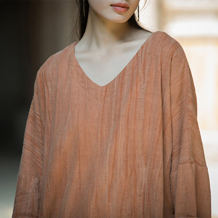 Robe mi-longue en lin ramie à manches longues et col en V de couleur unie avec Buddha Stones